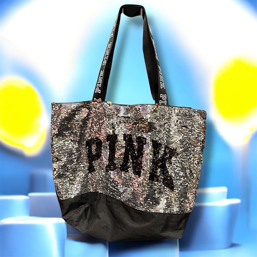 PINK Victoria's Secret Sequin Tote Bag in Silver and Black